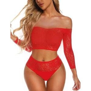 Rslove Women Sexy Mesh Lingerie Fishnet Babydoll  Free Size Bodysuit- Red